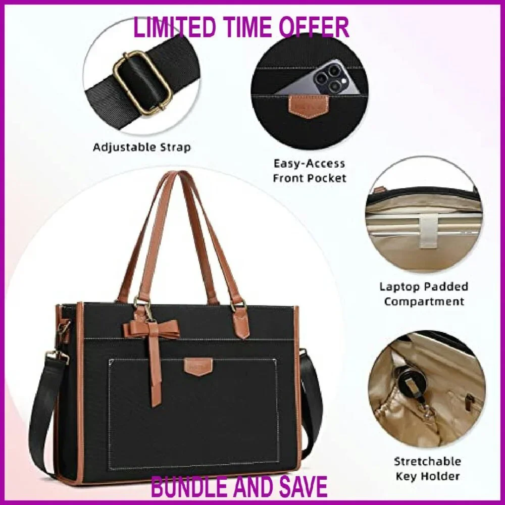 Large 15.6 Inch Canvas Laptop Tote Bag with Padded Compartment & Shoulder Strap